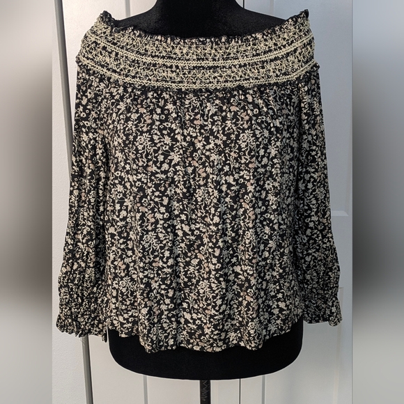 Promesa Tops - Promera Floral Peasant Off The Shoulder Blouse Long Sleeves Black White Size M